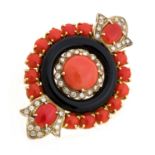 GOLD BROOCH WITH CORALS AND DIAMONDS