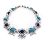 WHITE GOLD NECKLACE WITH DIAMONDS SAPPHIRES SIAM CABOCHON AND TURQUOISE