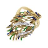 GOLD RING WITH DIAMONDS BLUE AND GREEN ENAMELS