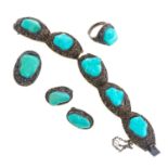 PARURE OF EARRINGS BRACELET BROOCH AND RING IN SILVER AND TURQUOISE