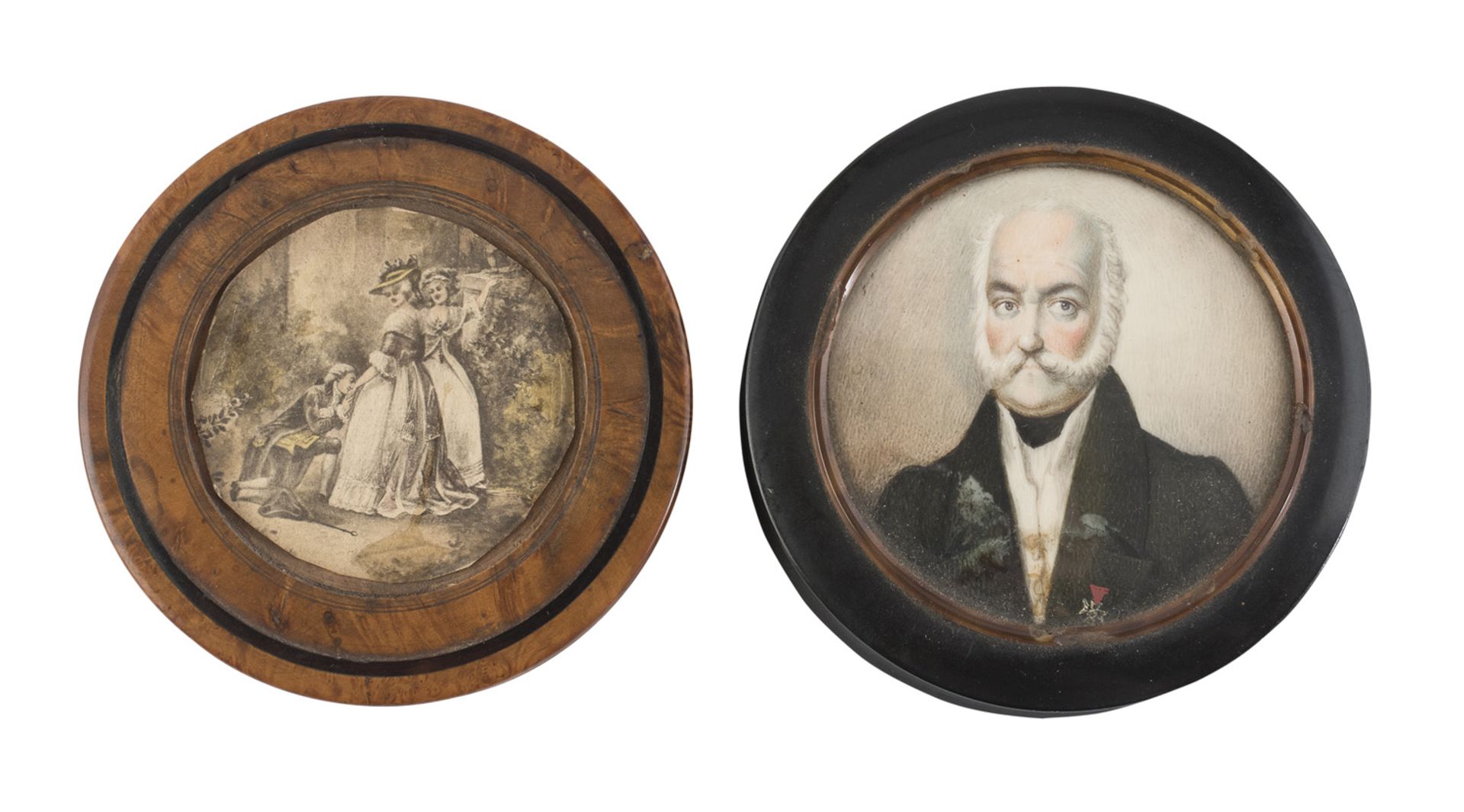 TWO EBONY BOXES WITH MINIATURES 19TH CENTURY