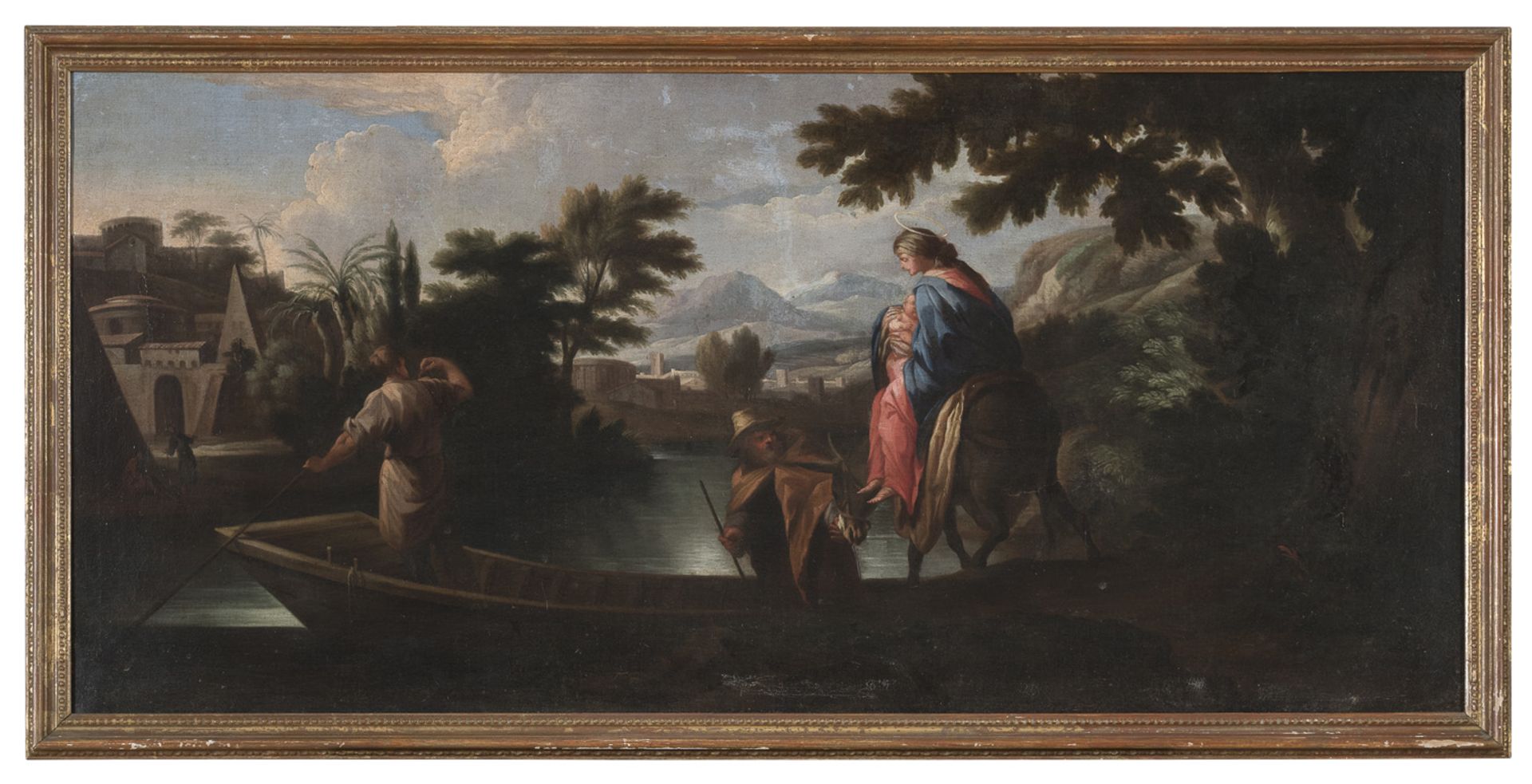 ROMAN OIL PAINTING OF THE FLIGHT INTO EGYPT 17TH CENTURY