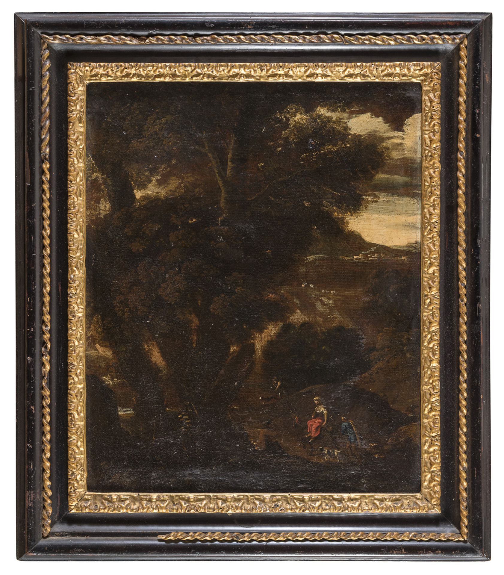 OIL PAINTING OF LANDSCAPE WITH WALKERS. LATE 17TH CENTURY