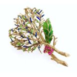 GOLD BROOCH WITH RUBIES AND BLUE AND GREEN ENAMELS