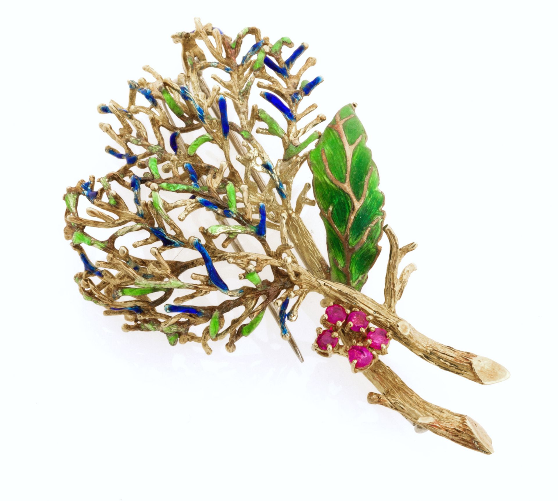 GOLD BROOCH WITH RUBIES AND BLUE AND GREEN ENAMELS