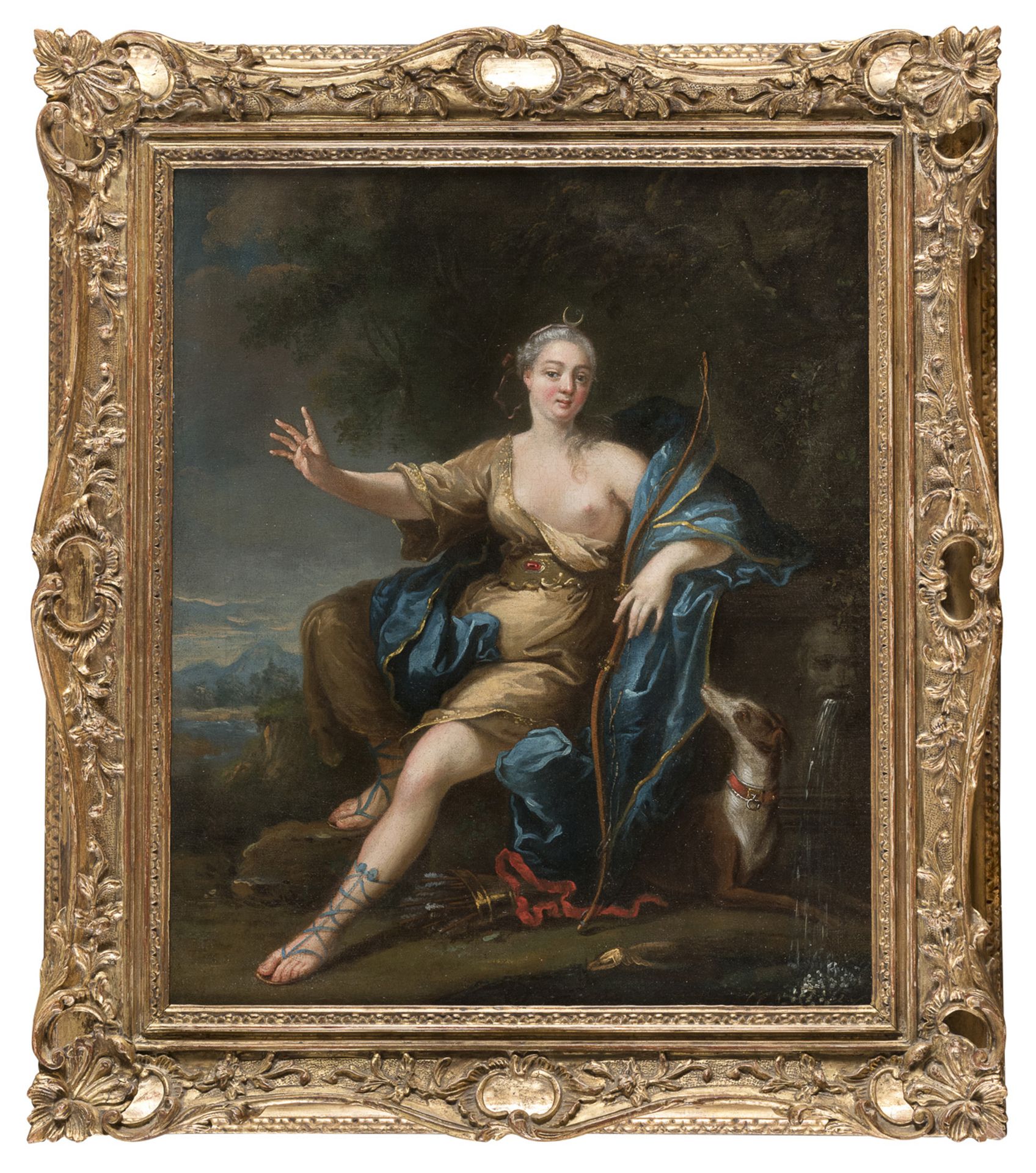 OIL PAINTING OF A LADY WOMAN IN THE CLOTHES OF DIANA BY NEAPOLITAN PAINTER 18TH CENTURY