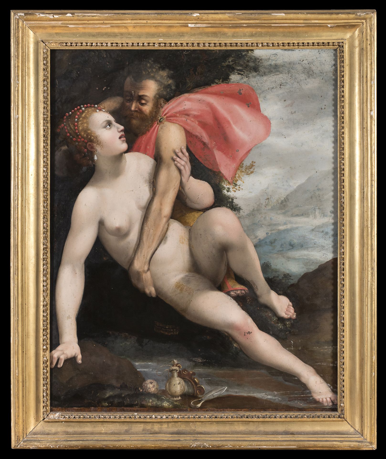 OIL PAINTING ON PANEL OF JUPITER AND IO BY A DUTCH MANIERIST PAINTER. LATE 16TH CENTURY