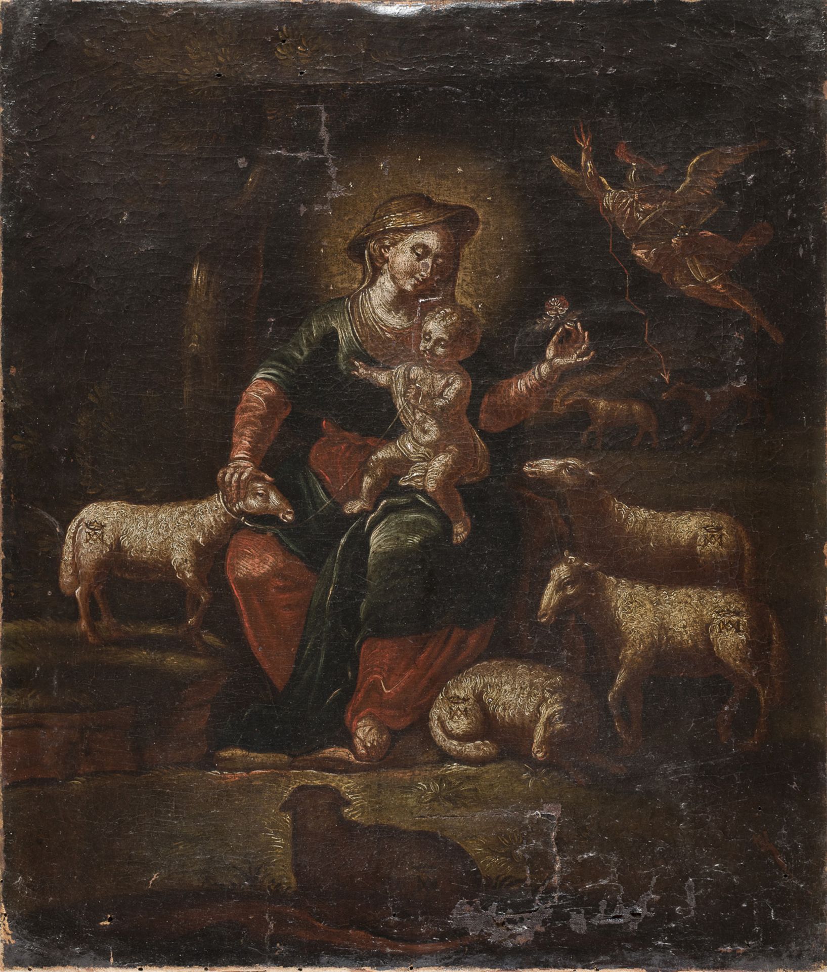 OIL PAINTING OF THE VIRGIN IN THE CLOTHES OF A SHEPHERDESS 18TH CENTURY