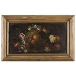 STILL LIFE OIL PAINTING OF FLOWERS AND FRUITS BY ROMAN PAINTER 18TH CENTURY