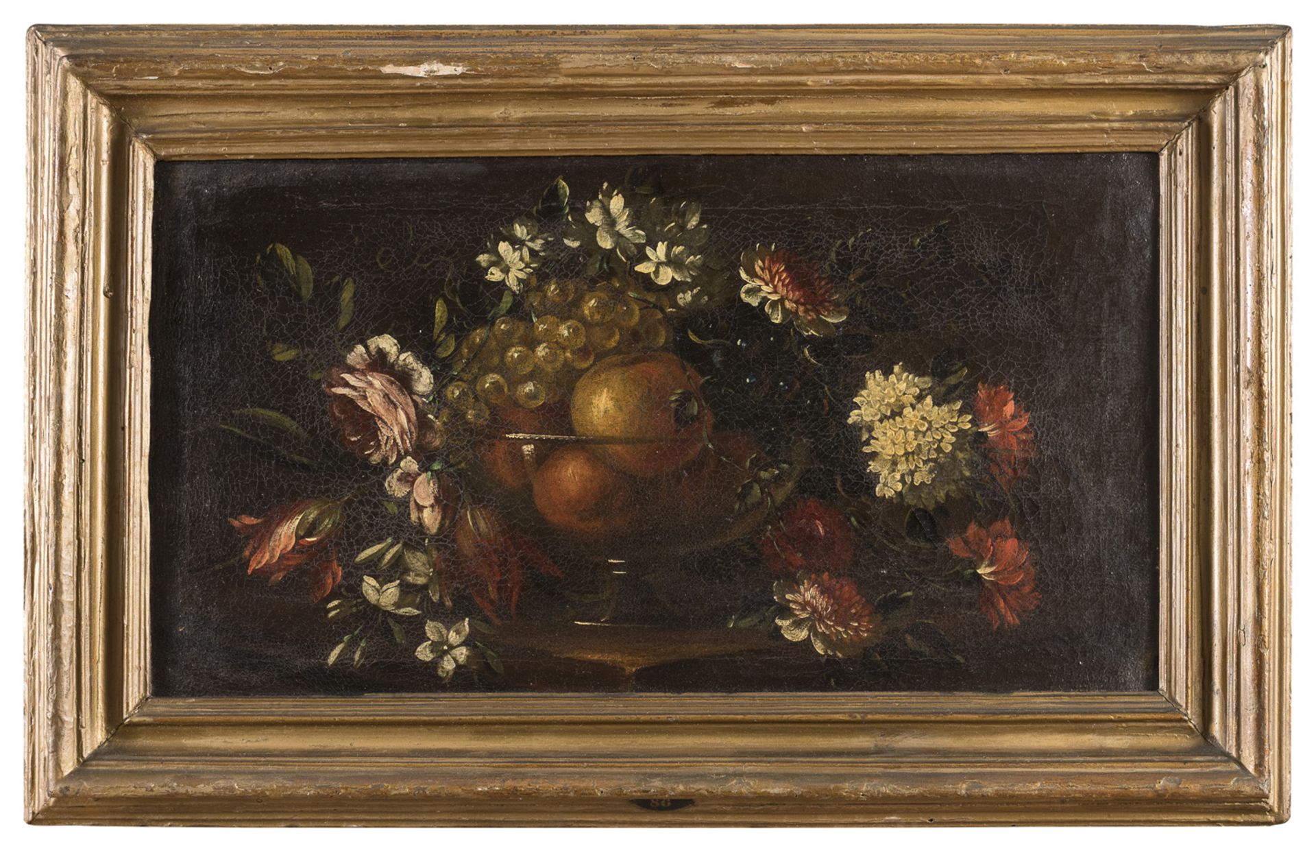 STILL LIFE OIL PAINTING OF FLOWERS AND FRUITS BY ROMAN PAINTER 18TH CENTURY