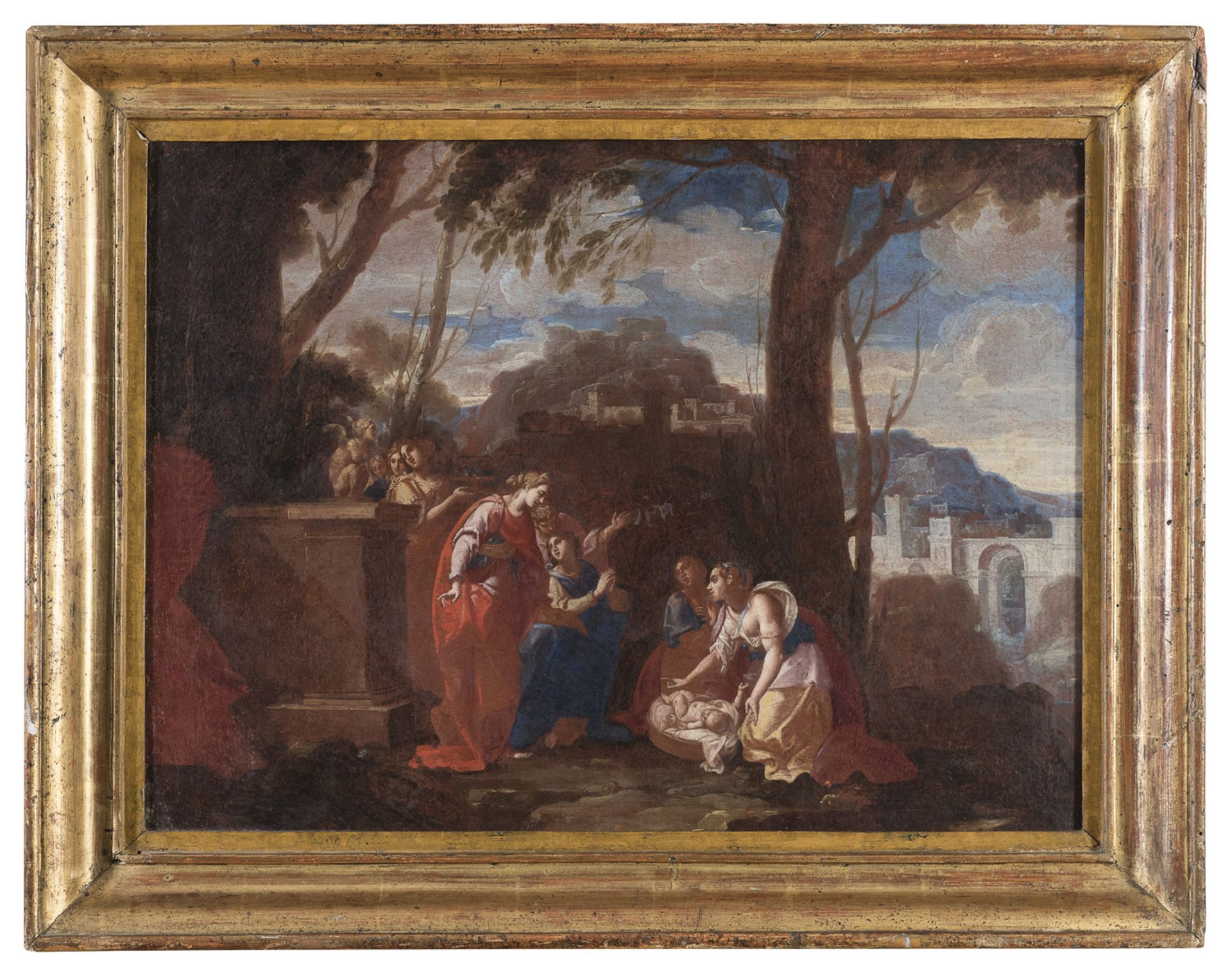 OIL PAINTING OF THE FINDING OF MOSES BY FOLLOWER OF NICOLAS POUSSIN (1594-1665)