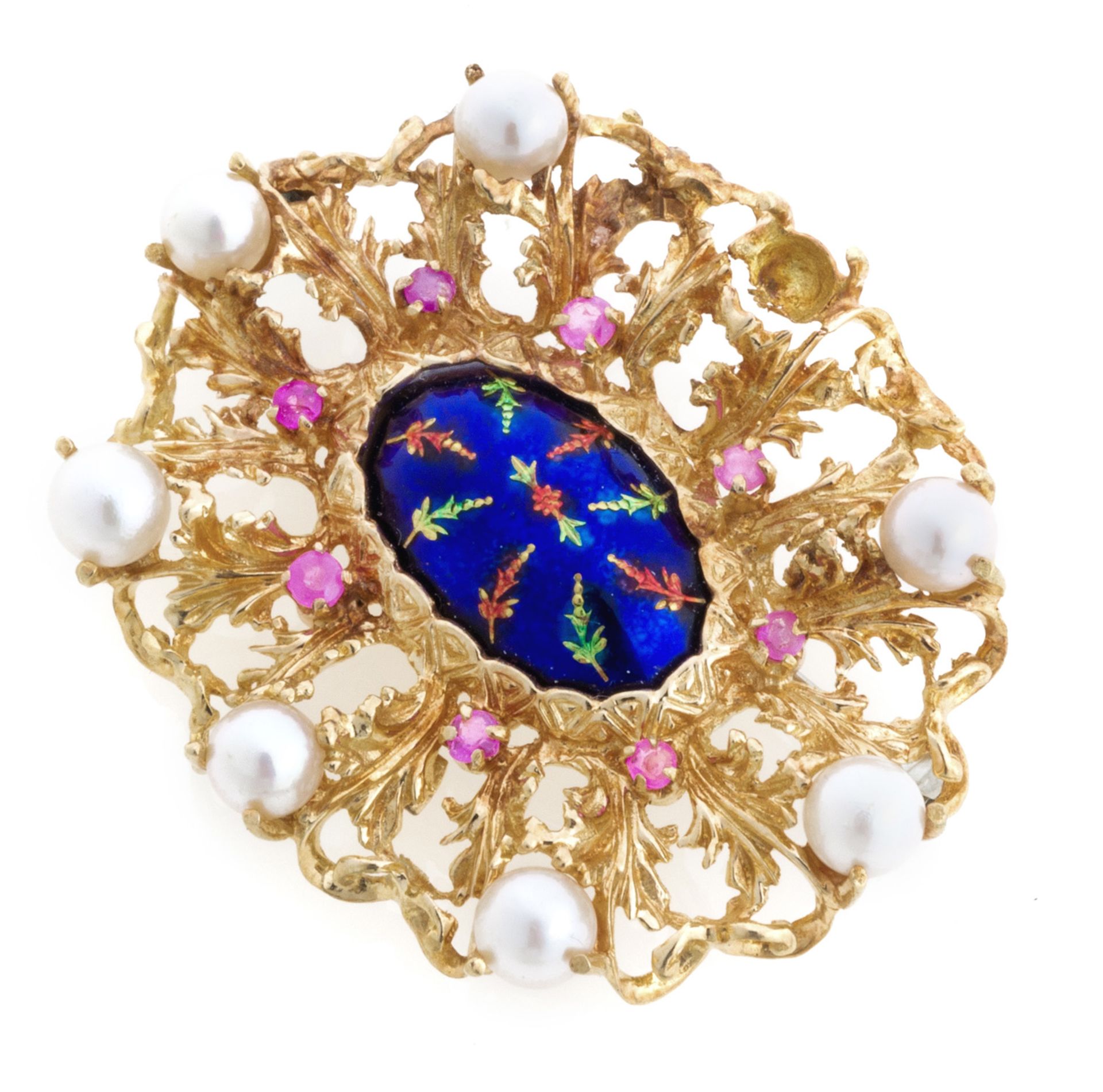 GOLD BROOCH WITH ENAMELS AND PEARLS