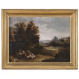 OIL PAINTING OF LANDSCAPE WITH SHEPHERDS BY NORTHERN PAINTER ACTIVE IN ITALY 18TH CENTURY