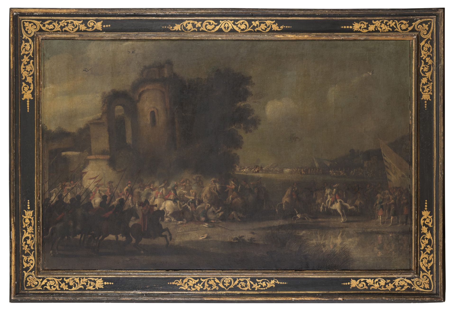 DUTCH OIL PAINTING OF BATTLE BETWEEN CHRISTIAN KNIGHTS 17TH CENTURY