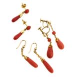 THREE PAIRS OF GOLD EARRINGS WITH CORALS