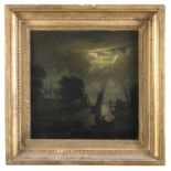 PAIR OF DUTCH OIL PAINTINGS OF NOCTURNES WITH BOATS 19TH CENTURY