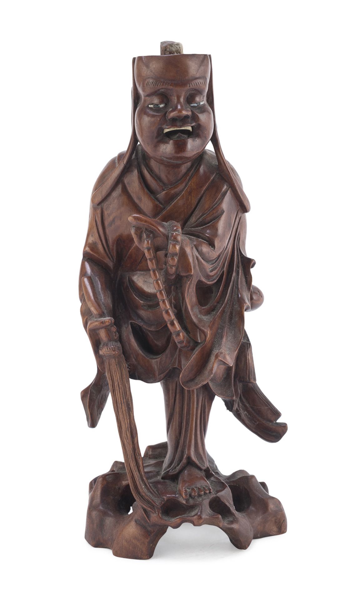 A CHINESE WOODEN LOHAN SCULPTURE 20TH CENTURY.