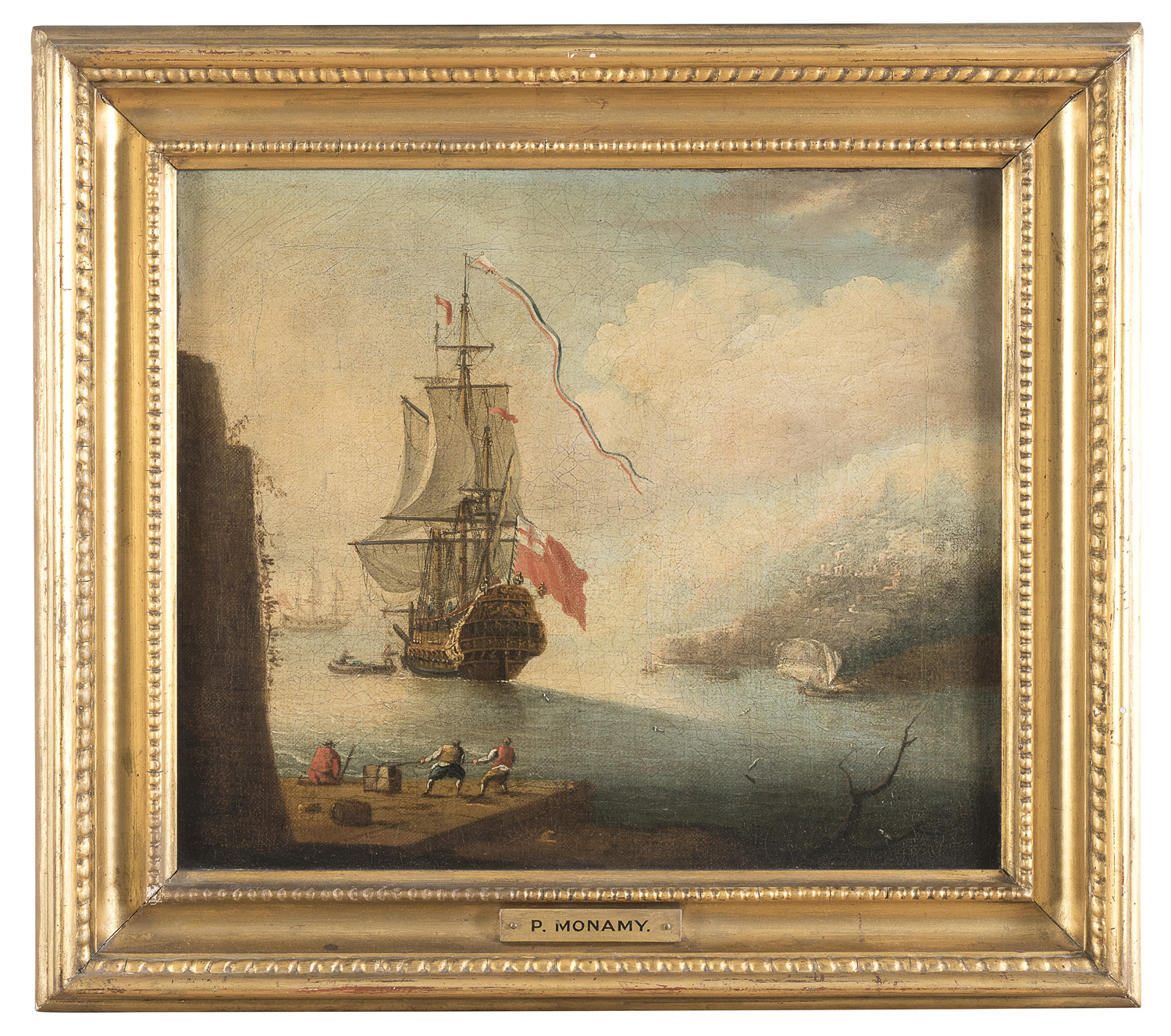 DUTCH OIL PAINTING OF A COASTAL VIEW WITH SAILSHIP 18TH CENTURY