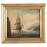 DUTCH OIL PAINTING OF A COASTAL VIEW WITH SAILSHIP 18TH CENTURY