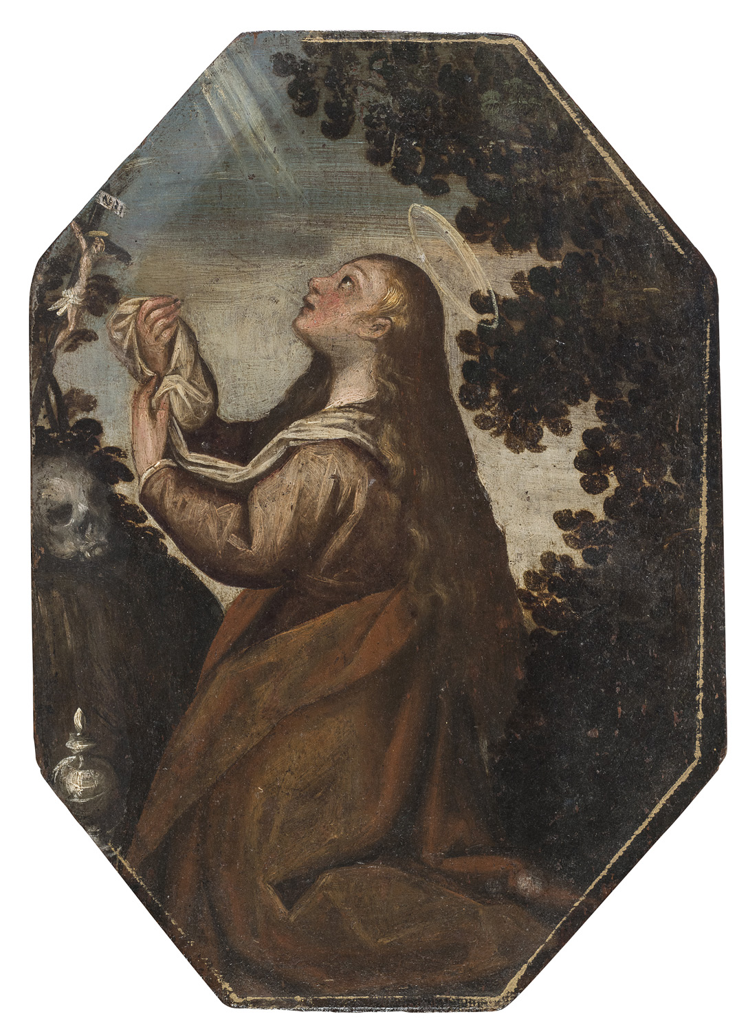 OIL PAINTING OF MARY MAGDALENE BY THE CIRCLE OF JACOPO NEGRETTI 18TH CENTURY