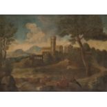 OIL PAINTING OF A LANDSCAPE WITH CASTLE AND FIGURES 18TH CENTURY