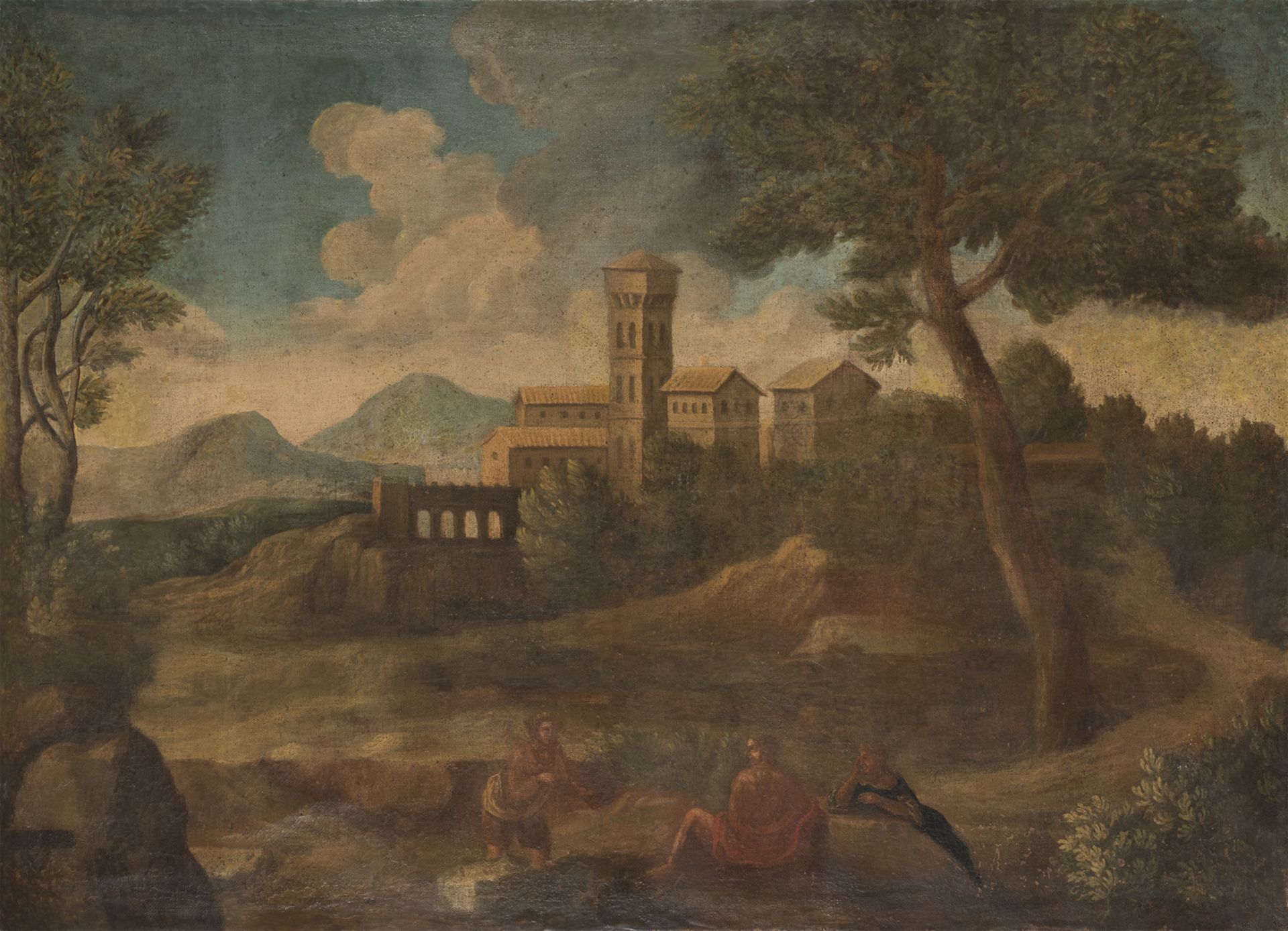 OIL PAINTING OF A LANDSCAPE WITH CASTLE AND FIGURES 18TH CENTURY