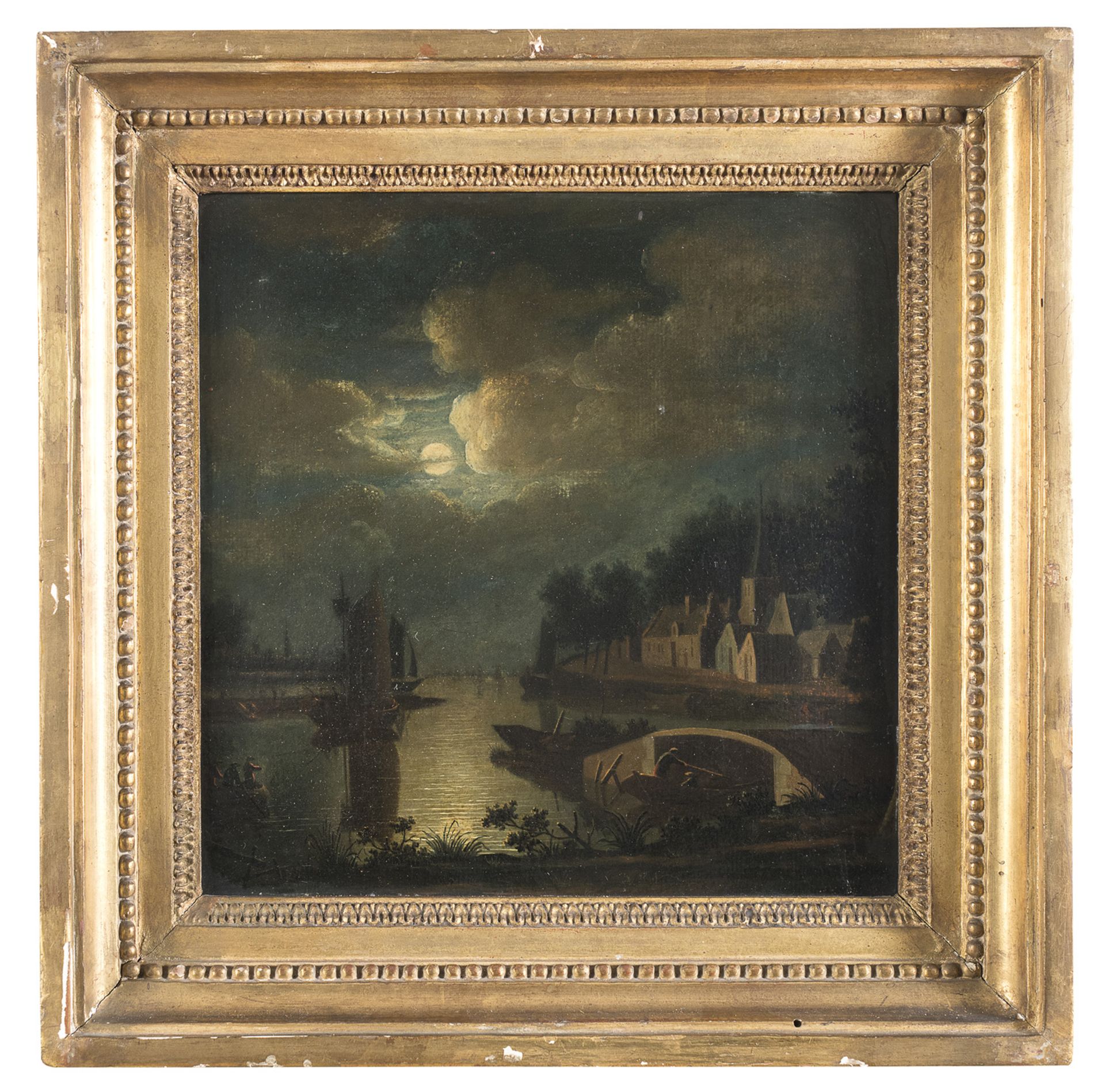 PAIR OF DUTCH OIL PAINTINGS OF NOCTURNES WITH BOATS 19TH CENTURY - Image 2 of 2