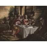 VENETIAN OIL PAINTING OF THE DEATH SURPRISING THE GUESTS 17TH CENTURY
