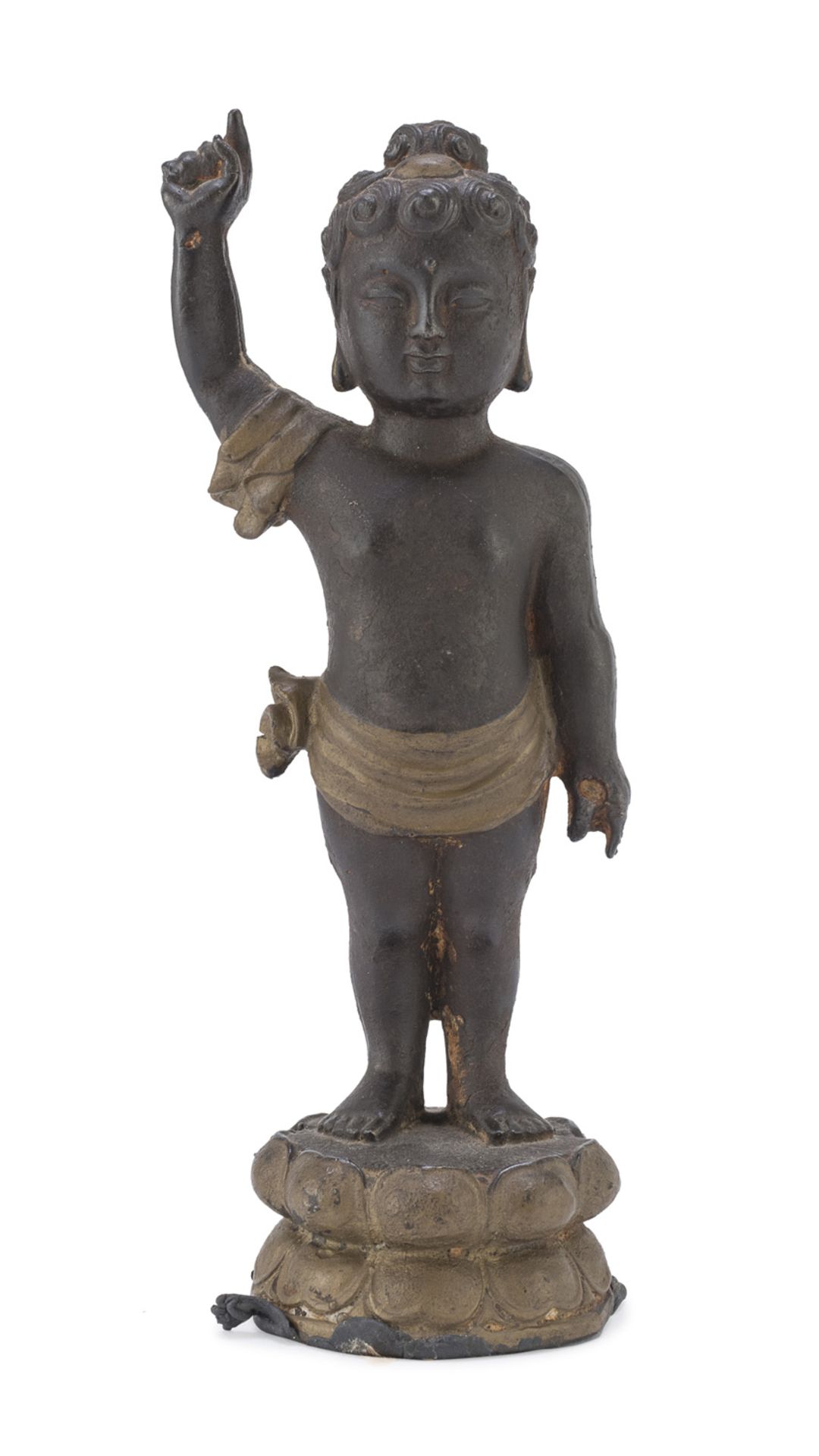 A CHINESE BURNISHED METAL SCULPTURE OF BUDDHA INFANT 20TH CENTURY.