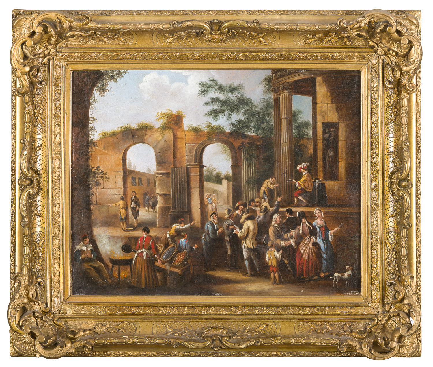 OIL PAINTING OF POPULAR SCENE IN A 16TH CENTURY MANNER 20TH CENTURY