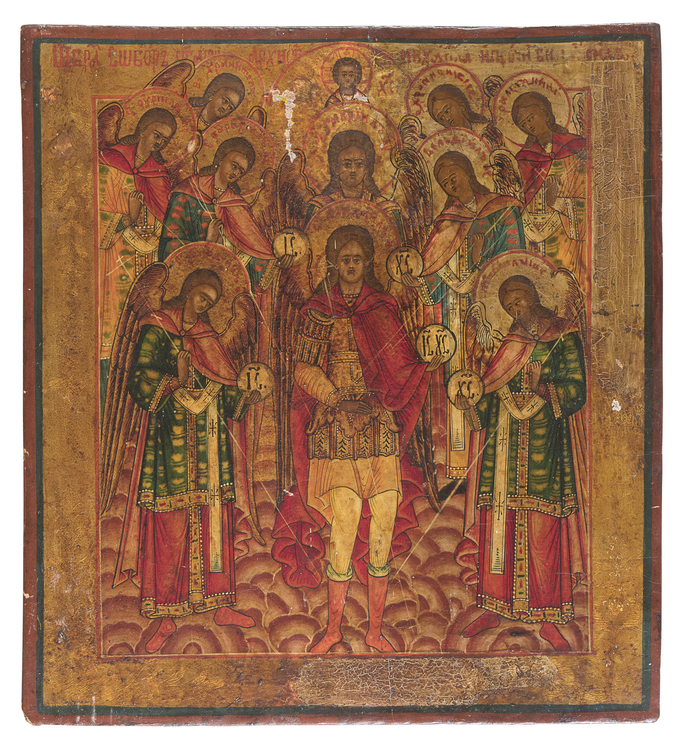 RUSSIAN TEMPERA ICON OF ST MICHAEL ARCHANGEL 19TH CENTURY