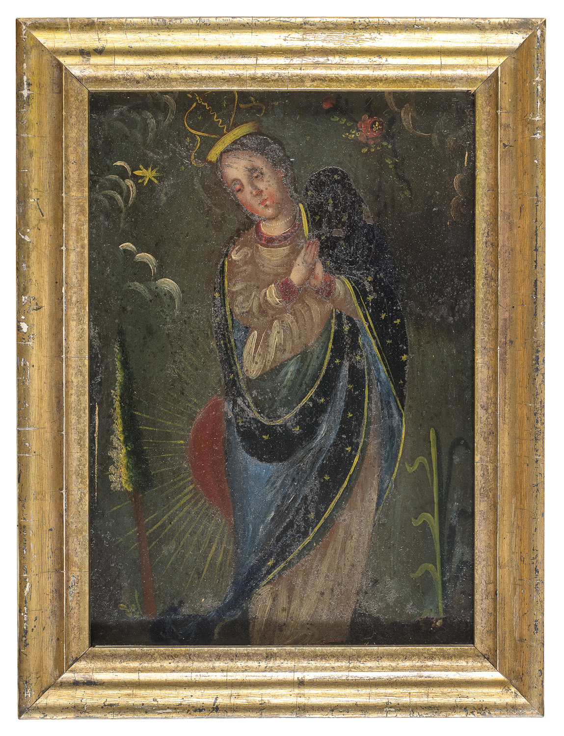 OIL PAINTING ON METAL OF THE CROWNED VIRGIN EARLY 19TH CENTURY