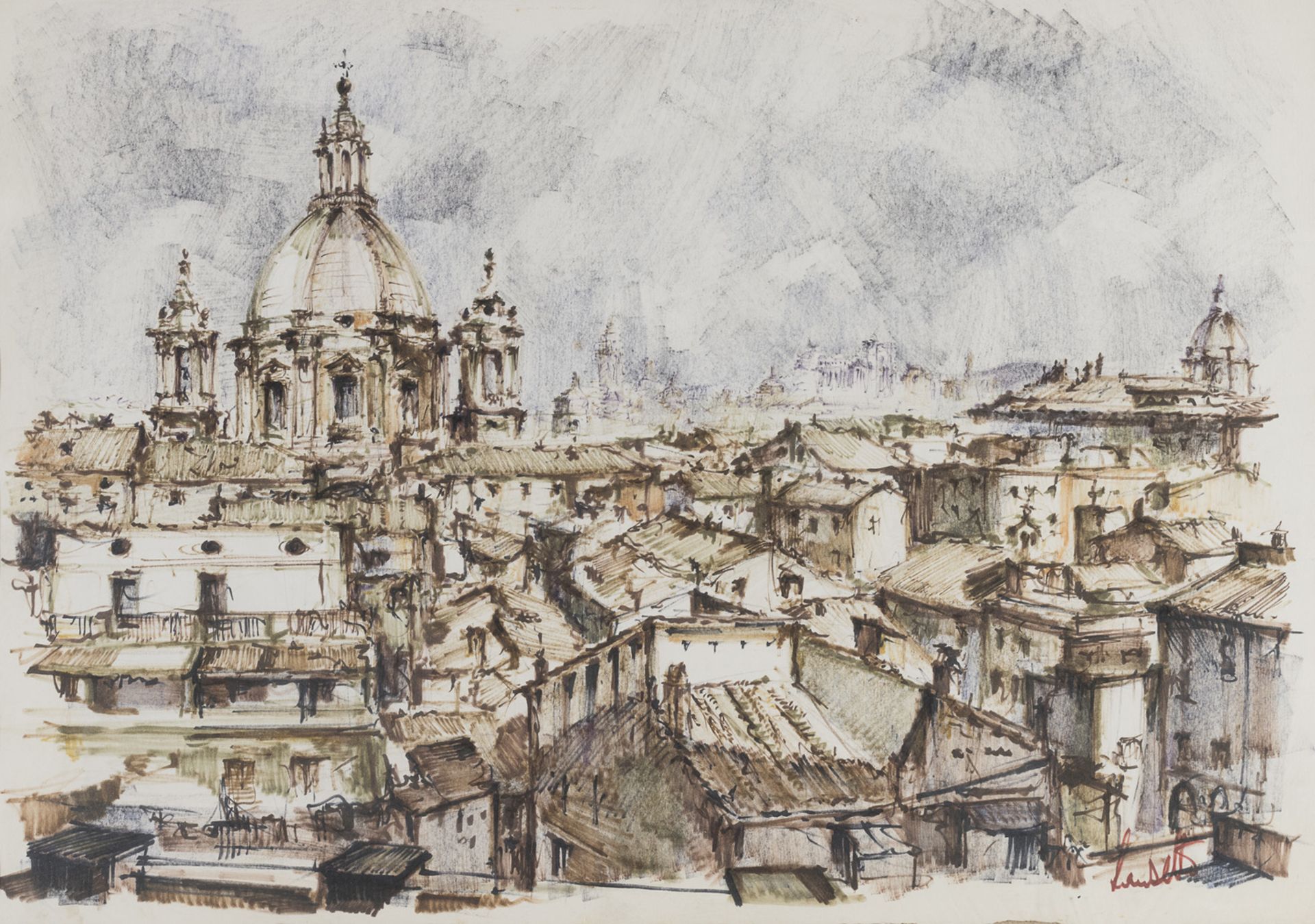 WATERCOLOR ROOFS OF ROME 20TH CENTURY