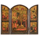 RUSSIAN TEMPERA ICON TRIPTYCH EARLY 20TH CENTURY