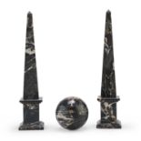 PAIR OF OBELISKS AND A SPHERE IN PORTORO MARBLE 20th CENTURY