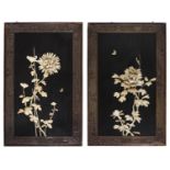 A PAIR OF JAPANESE BLACK AND RED LAQUER PANELS WITH BONE INLAID. FIRST HALF 20TH CENTURY.