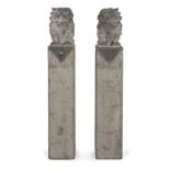 A PAIR OF SCHISTO COLUMNS WITH BUDDHIST LIONS. 20TH CENTURY.