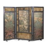 A CHINESE PAINTED SILK AND WOOD THREE PANEL SCREEN 19TH CENTURY. DEFECTS.