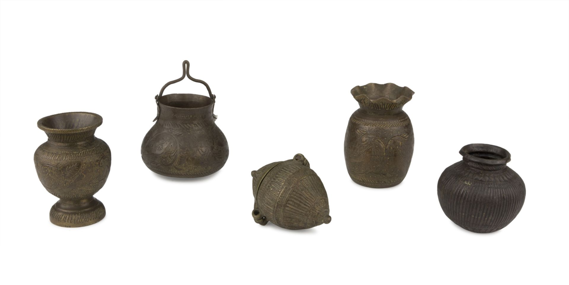 FIVE SMALL BRONZE CONTAINERS INDIA FIRST HALF OF THE 20TH CENTURY
