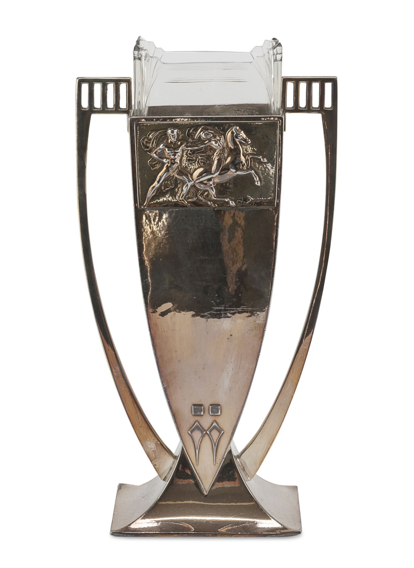 VASE IN SILVER-PLATED METAL AND GLASS ITALY EARLY 20TH CENTURY