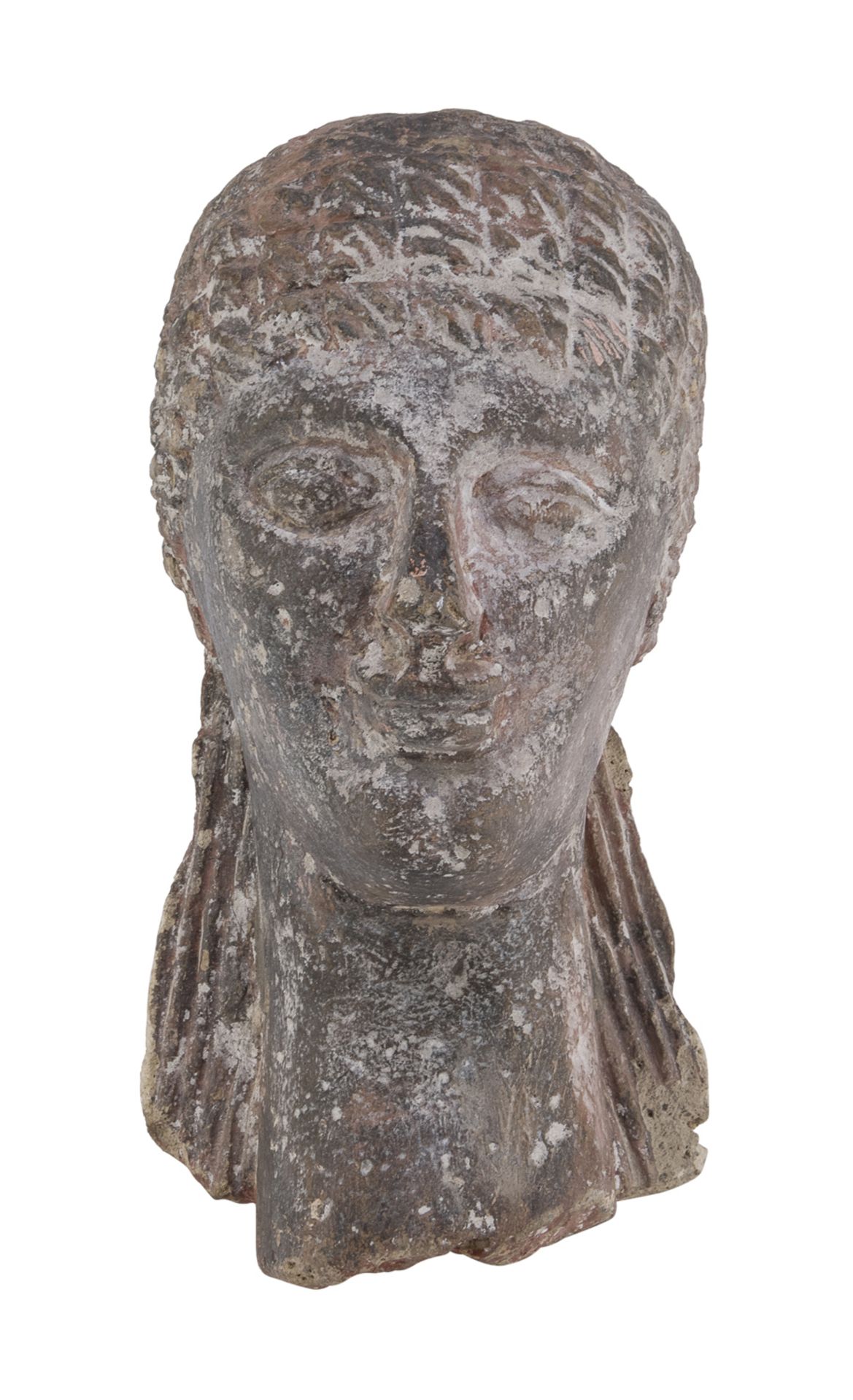 HEAD IN COMPOSITE MATERIAL ETRUSCAN STYLE 20TH CENTURY