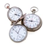 THREE POCKET WATCHES BRAND LONGINES OMEGA AND ROSKOPF