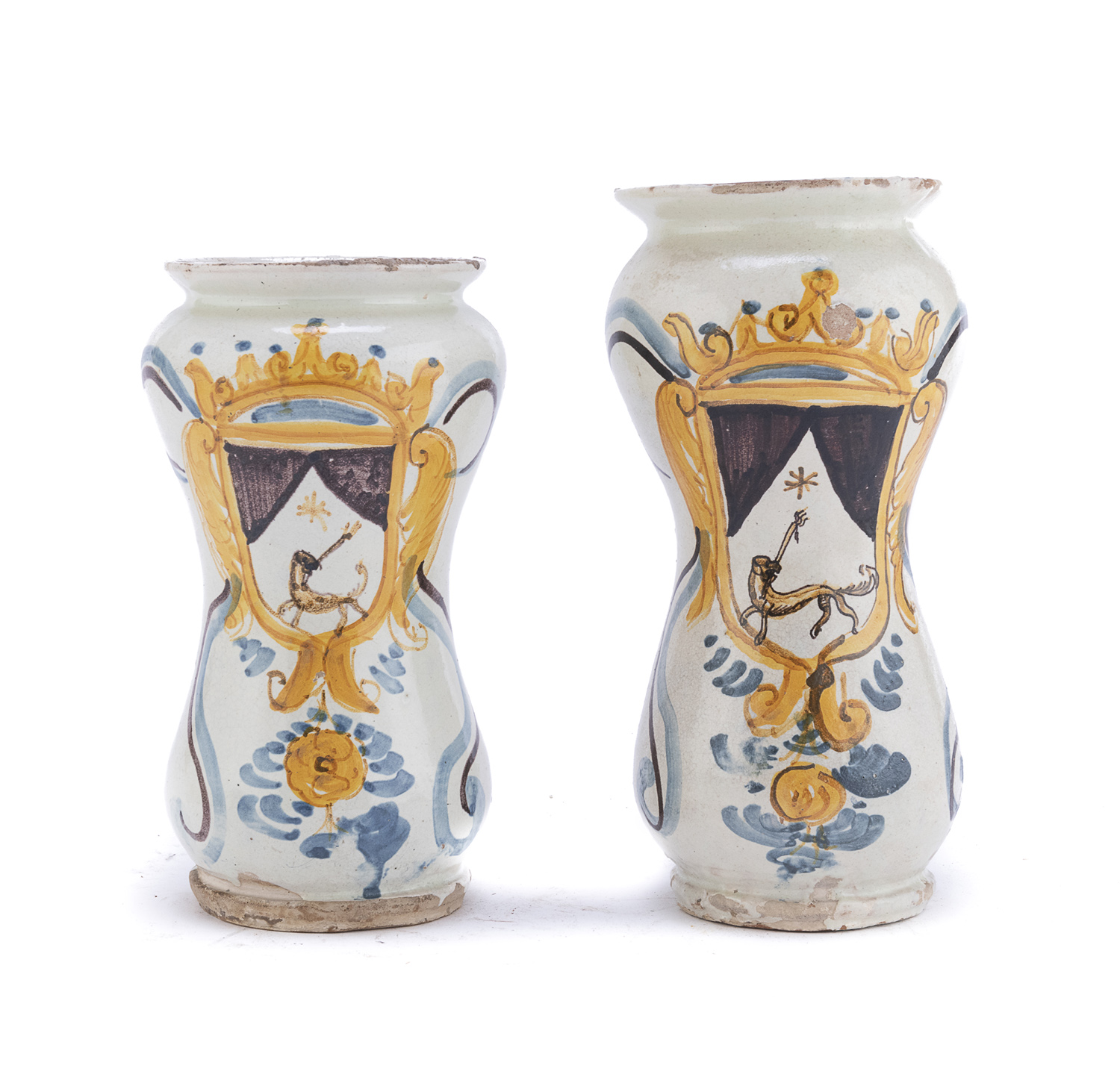 PAIR OF MAJOLICA ALBARELLOS NAPLES 18TH CENTURY