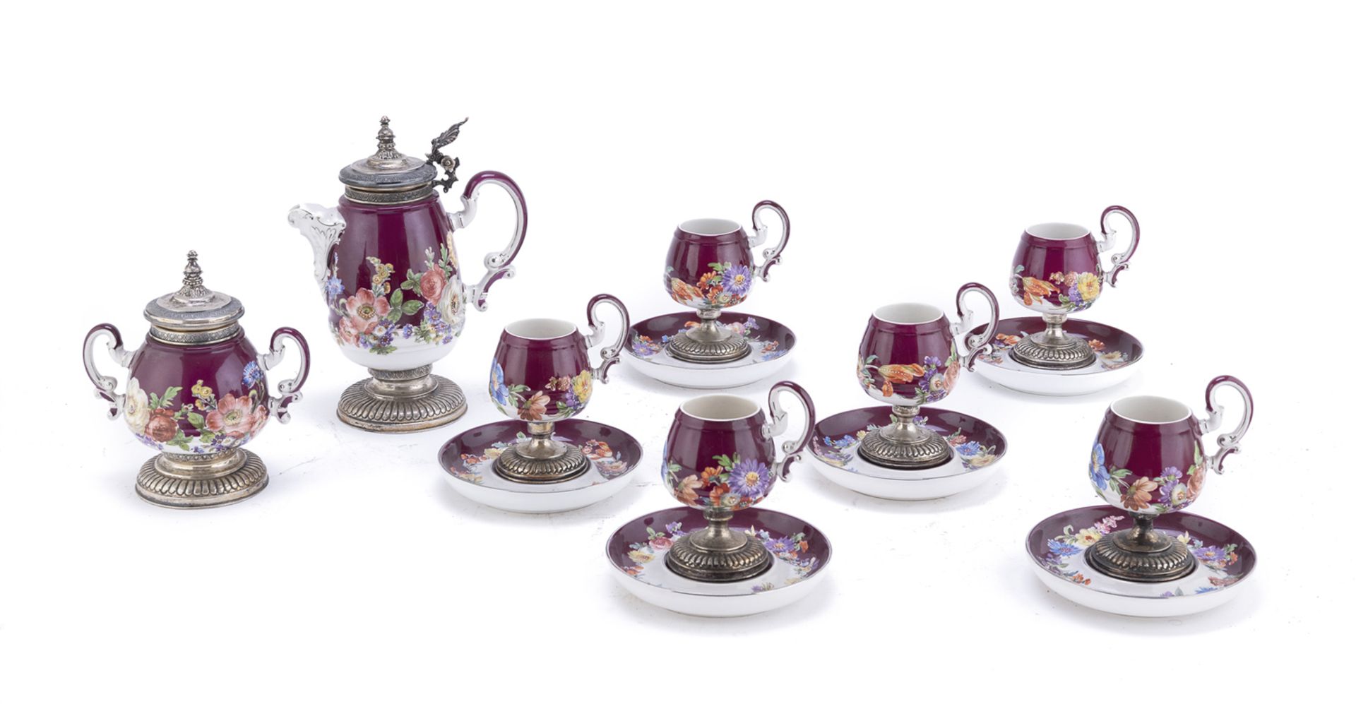 COFFEE SET IN CERAMIC AND SILVER 20TH CENTURY