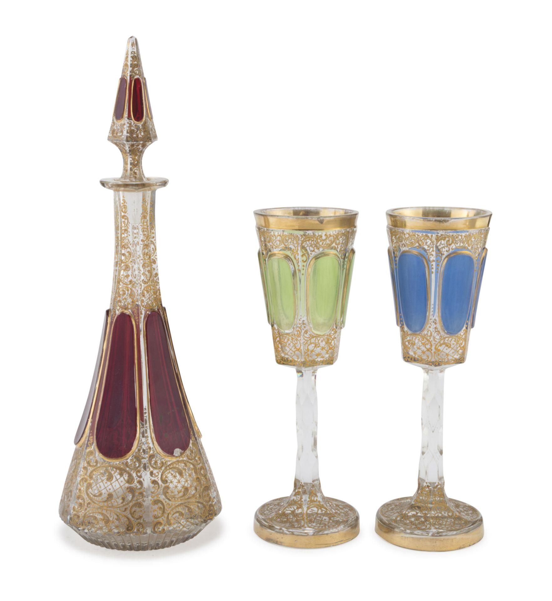 BOTTLE AND TWO GLASS CUPS PROBABLY AUSTRIA EARLY 20TH CENTURY