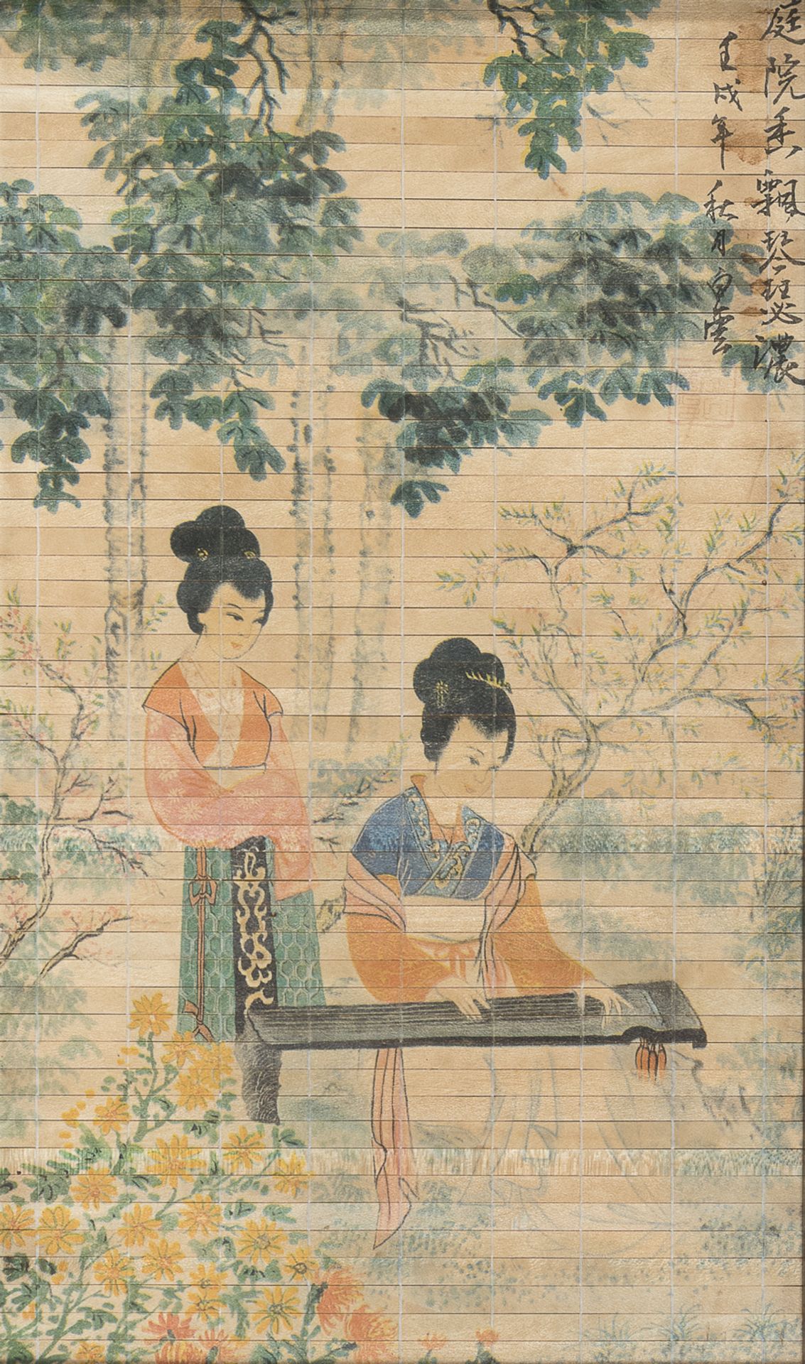 CHINESE SCHOOL 20TH CENTURY. REPRESENTATION OF MUSICAL VIRTUE. PRINT ON BAMBOO TILES.