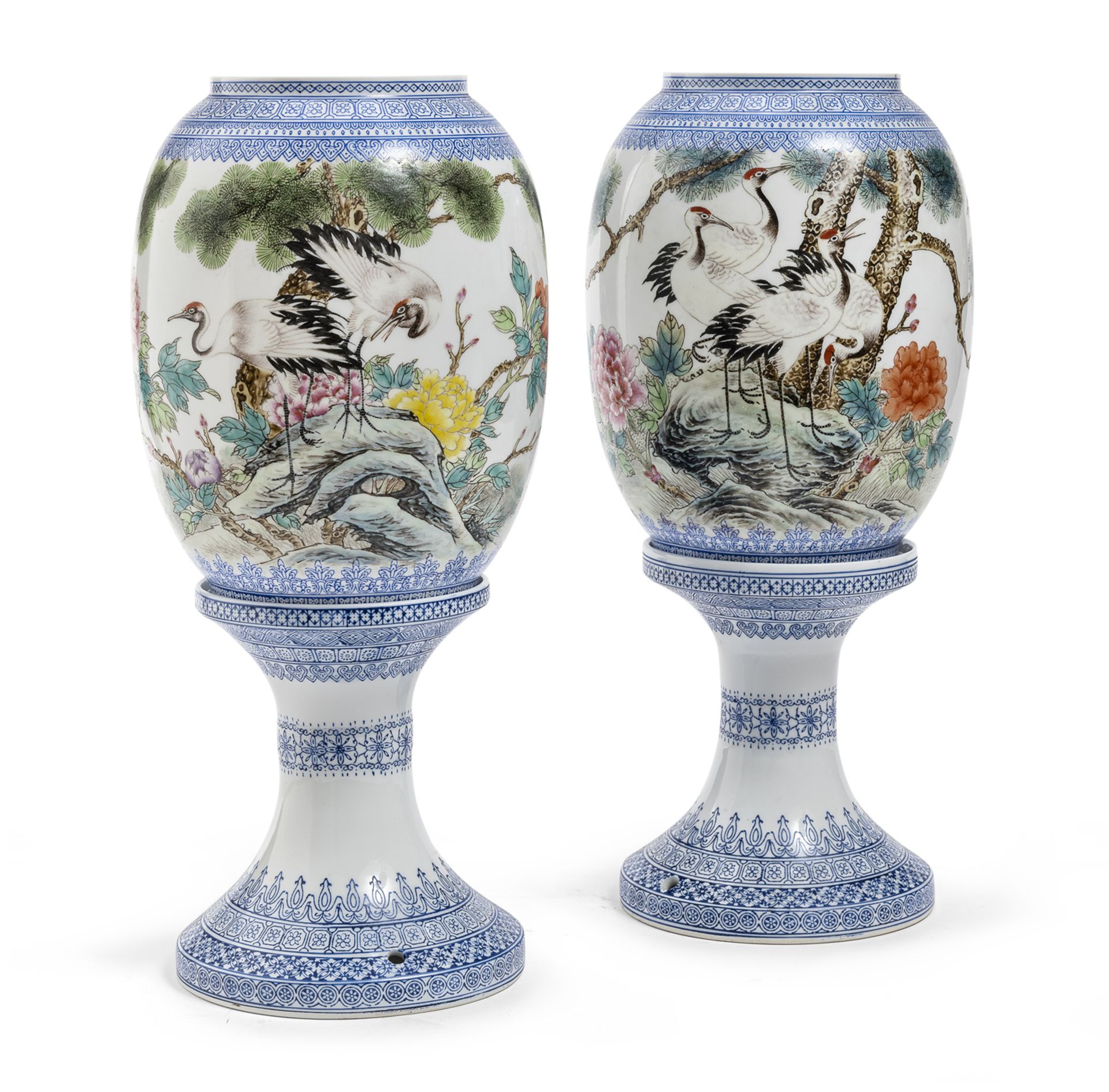 A RARE PAIR OF CHINESE POLYCHROME ENAMELED PORCELAIN LAMPS 20TH CENTURY.