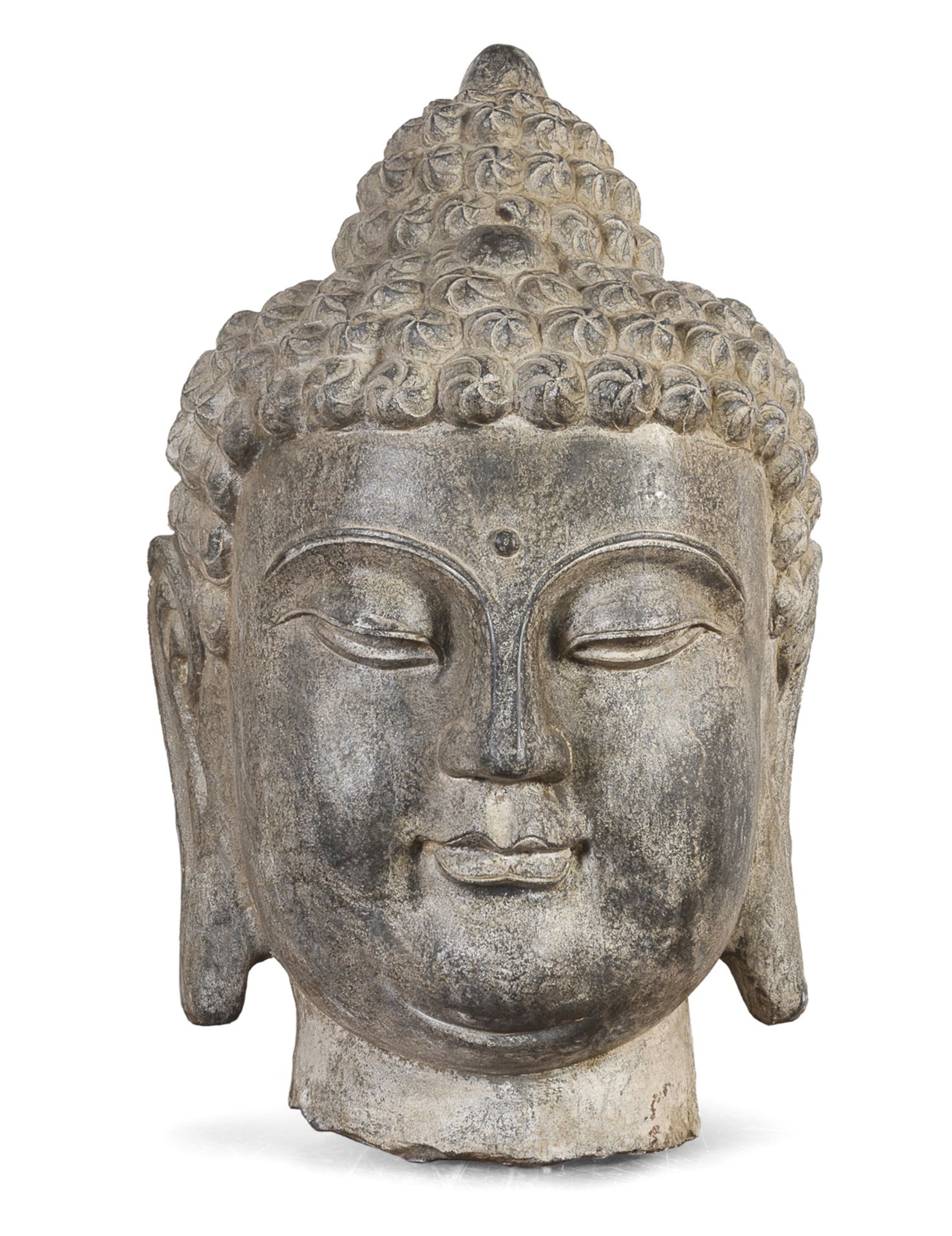 A BIG CHINESE STONE HEAD OF BUDDHA 20TH CENTURY.