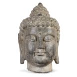 A BIG CHINESE STONE HEAD OF BUDDHA 20TH CENTURY.