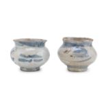 TWO SMALL CHINESE WHITE AND BLUE PORCELAIN JARS EARLY 20TH CENTURY. DEFECTS.